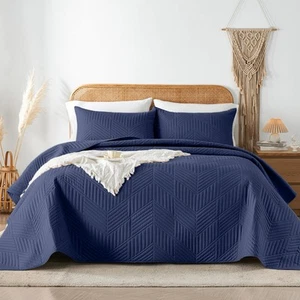 Queen Quilt Bedding Set,Navy Blue Ultrasonic Full/Queen Quilt Set Reversible ... - Picture 1 of 8