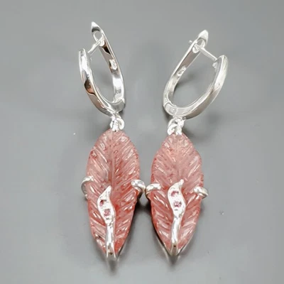 Pendientes de cuarzo fresa natural tallado en piedras preciosas plata de ley 925/E128665 Foto 1 de 4
