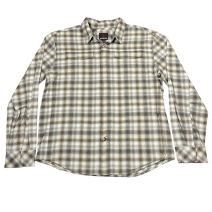 Prana Shirt Men L Cream Tan Grey Plaid Flannel Outdoor Hiking Zipped Pockets - Picture 1 of 7
