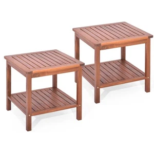 2PCS Patio Acacia Wood Side Table 2-Tier Square End Table Porch Poolside Natural - Picture 1 of 9