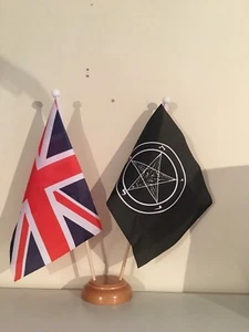 UNION JACK AND BAPHOMET SATAN TWIN TABLE FLAG SET with WOODEN BASE 9"X6" FLAGS - Picture 1 of 1