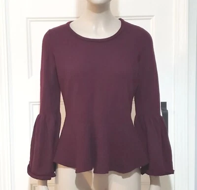 Suéter Nanette Lepore Misses L Lana Merino Peplum Manga Campana Vino Púrpura Top Foto 1 de 4