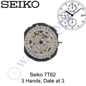 Original Seiko 7T62 / 7T62A Japan Made Quartz Watch Movement, 3 Hands Date at 3