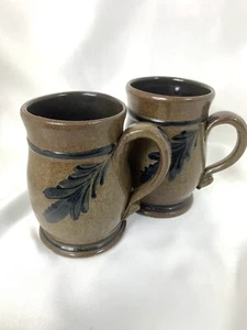 ROWE POTTERY 2 MUGS SALT GLAZED Coffee Tea Cups Brown Stoneware Stamped 5" - Picture 1 of 14
