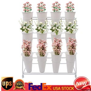 3 Tiers Metal Plant Stand Flower Display Shelf Storage Rack W/ Wheels & Bucket - Picture 1 of 22