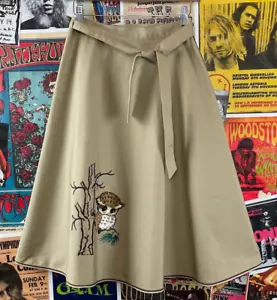 Vtg 70s Khaki Embroidered Big Eye Owl Shirley Gadol A-Line Tie Wrap Skirt Womens - Picture 1 of 10