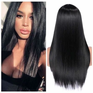 Long Natural Straight Middle Part Natural Black Color Wig Heat Resistant Wigs - Picture 1 of 11