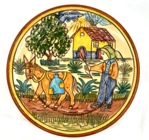Piatto decorativo ceramica Redondo vintage anni 70 contadino e asino firmato Jeremias - Foto 1 di 13