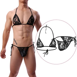 Conjunto Hombres Sissy Sujetador Calzoncillos Encaje Ropa Interior Bikini Ver A Través Sexy Tanga Ajustable - Imagen 1 de 21