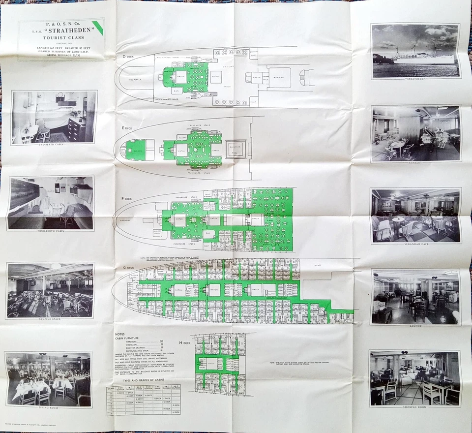 P&O TSS STRATHEDEN Tourist Class Deck Plans Single Sided Brochure January 1959 - Image 1 of 2