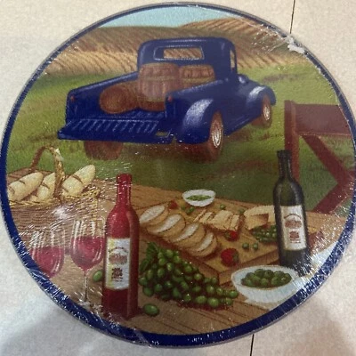 Glass Cutting Board/Trivet 8" WINE & GRAPES,BLUE TRUCK W/BARRELS Cheese Crackers - Image 1 of 2