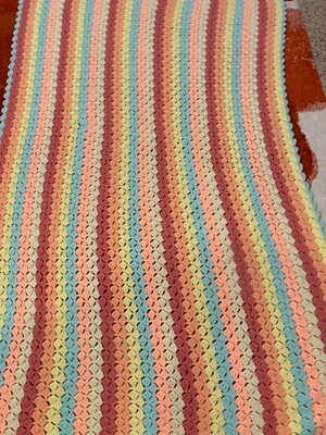 Vintage Handmade Crochet Baby Blanket Afghan Pastel Striped Coral/Yellow/Green - Image 1 of 4