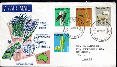 Australia Primary Industries 1969 WCS FDC LANA DE OVEJA TRIGO MADERA AZÚCAR - CANADÁ Foto 1 de 2