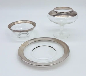 LOT: Vintage MCM DOROTHY THORPE Silver Band Rim 8" Plate Footed Candy Bowl 5-3/8 - Picture 1 of 15