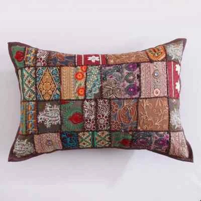 Indian Handmade Boho Patchwork Cushion Vintage Brown Throw Pillow Cover 40x60 cm - Image 1 of 4