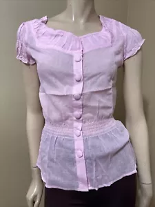 Women’s Pink Cotton Casual Summer Sheer Elastic Waist Size S Button-up Blouse - Picture 1 of 21