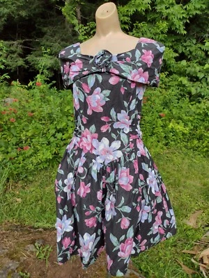 VTG 80s Byer Too! Size 13 Party Dress Black Pink Floral Cottage Core Tulle - Image 1 of 4