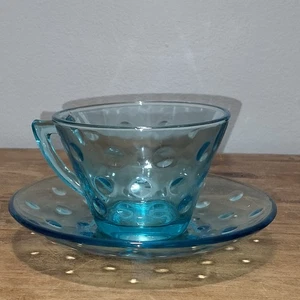 Hazel Atlas Capri Punkte Azurblau Glas Teetasse & Untertasse Set Vintage 1960 - Bild 1 von 13