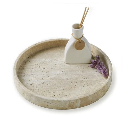 Travertine Marble Vanity Tray, Round Ottoman Tray Minimalist Modern Decorativ... - Image 1 of 4