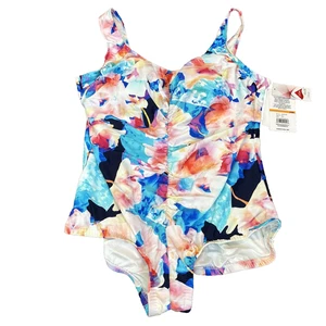 NWT Maxine Of Hollywood Swimsuit 24W One Piece Shirred Front Surplice colorful - Picture 1 of 8