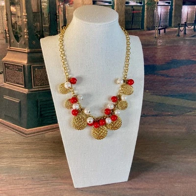 0053 Y2K Talbots Collar Disco Tono Oro con Cuentas Cha-Cha Rojo y Blanco Usado en Excelente Condición Foto 1 de 4