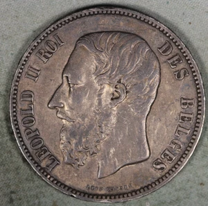 BELGIUM 1875~.900  SILVER 5 FRANCS ~ LEOPOLD II - Picture 1 of 2