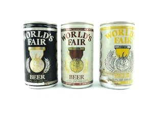 Feria Mundial Tres latas de cerveza vacías de 12 onzas Pop Top negro amarillo rojo  - Imagen 1 de 6