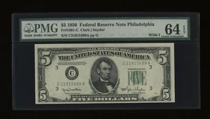 DBR 1950 $5 FRN Philadelphia Fr. 1961-C Wide I PMG 64 EPQ Serial C21915499A - Picture 1 of 2