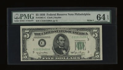 DBR 1950 $5 FRN Philadelphia Fr. 1961-C Wide I PMG 64 EPQ Serial C21915499A - Image 1 of 2