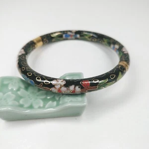 Bracciale Vintage Cloisonne Smalto Bracciale Nero Floreale Ottone Cerniera - Foto 1 di 5