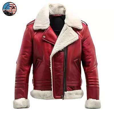 Men's RAF B4 Aviator Bomber Flight Leather Jacket Shearling Fur Santa Sheepskin - Image 1 of 4