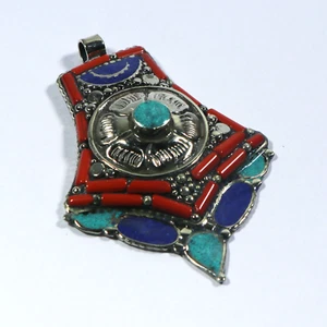 Colgante Coral Turquesa Plata Tibetana Hecho a Mano Amuleto Azul Lapislázuli Boho Joyería - Imagen 1 de 7
