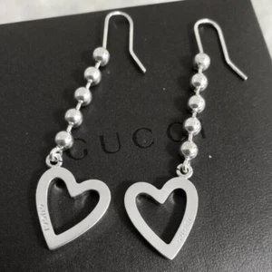 GUCCI Heart Motif Pole Chain Earrings Sterling Silver 925 with Box Used - Picture 1 of 9