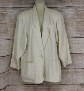 VINTAGE KGR Womens Size 14 Petites Padded Shoulders Linen Blazer Jacket Ivory - Picture 1 of 8