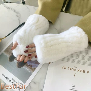 Womens Real Rabbit Rex Fur Fingerless Knitted Elastic Gloves Sleeves Mittens - Picture 1 of 24