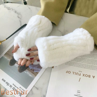 Womens Real Rabbit Rex Fur Fingerless Knitted Elastic Gloves Sleeves Mittens - Image 1 of 3