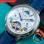 45mm Dual Time Automatic Mechanical Skeleton Watch Silver White Blue Leather