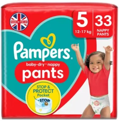 Pampers Baby-Dry Nappy Pants, Size 5 (12-17kg) Essential Pack 33 per pack