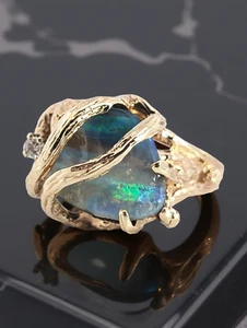 ANELLO ESTATE ORO GIALLO 14K OPALE MASSO AUSTRALIANO DIAMANTE MISURA 7,75 #8103 - Foto 1 di 13