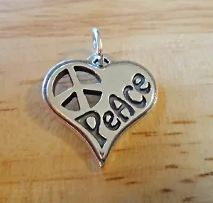 Sterling Silver Larger version 20x19mm Peace Sign Love Heart Charm - Foto 1 di 6