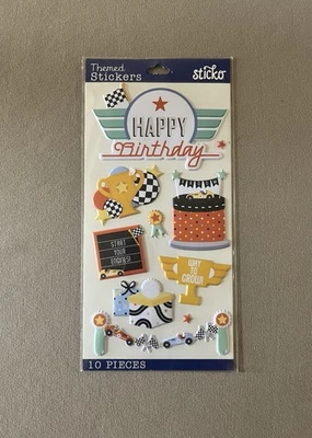 Sheet Of “Boys/Racing” Happy Birthday Three Dimensional Stickers, New In Package - Image 1 of 4