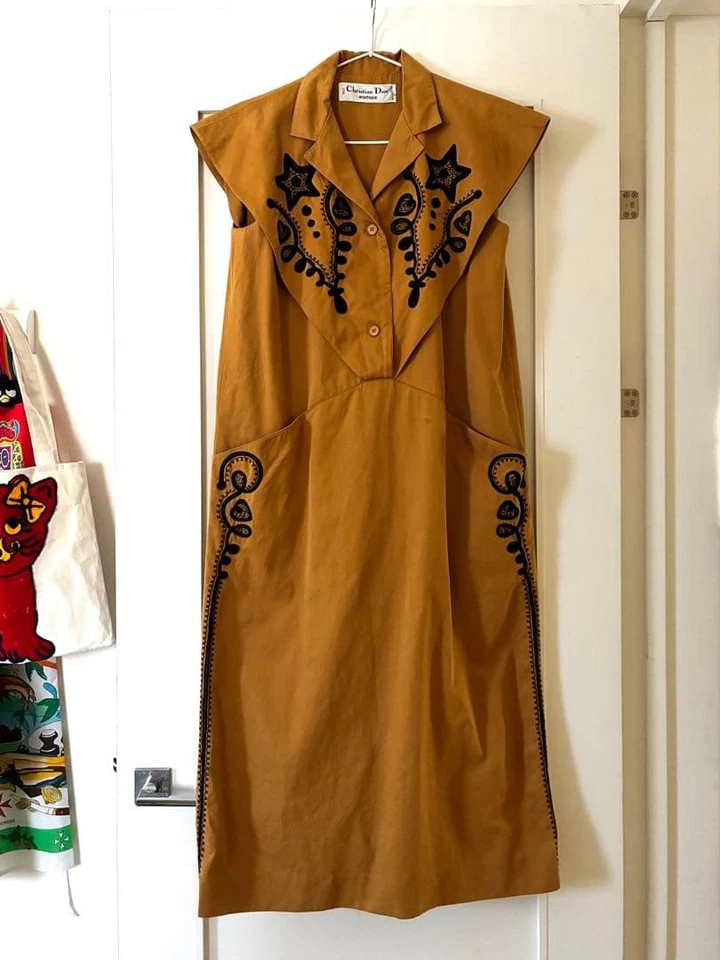 Christian Dior Vintage Dress Sleeveless A-Line Cotton Embroidery Ochre Color - Image 1 of 4