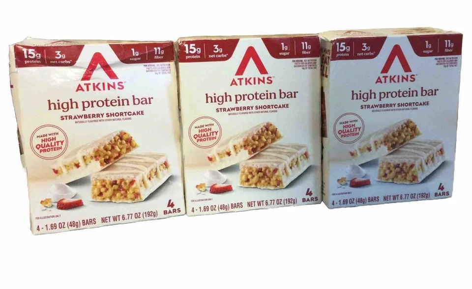Pacote com 3 barras Atkins High Protein Bar morango shortcake 4 barras cada (T1) - Imagem 1 de 1