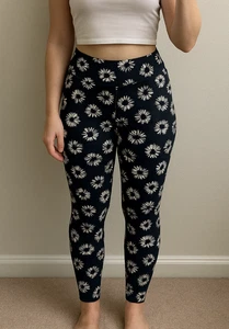 Black Daisy Print Stretch Leggings | Size M (UK 10-12) | Made in Turkey | Floral - Picture 1 of 5