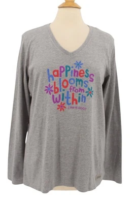 Life is Good Crusher Tee Womens L Happiness Blooms From Within Gray Everyday NWT - Image 1 of 4