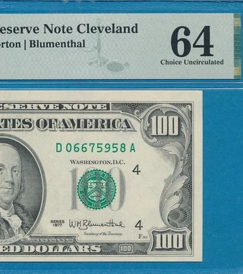 $100. Billete de la Reserva Federal del Distrito de Cleveland 1977 PMG elección nuevo 64 Foto 1 de 3