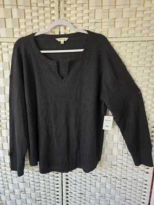 NEW! Womens Lucky Brand Solid  Black Waffle Knit Top V Neck Size XL Cloud Soft - Image 1 of 4