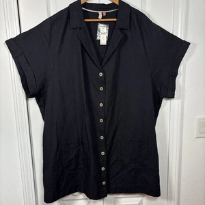 Anthropologie Pilcro Button Down Shirt Dress 3X Black Cotton Linen Short Sleeve - Picture 1 of 13