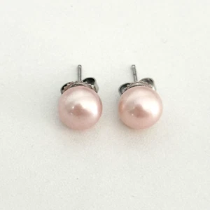 925 Sterling Silver 8.5MM Pink Genuine Pearl Ladies Stud Earrings - Picture 1 of 9