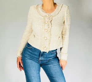 St. John Womans Cardigan Beige Tan Ivory & Gold Tweed Jacket Size 4 - Picture 1 of 10